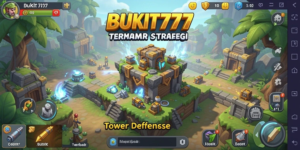 Screenshot gameplay BUKIT777 menunjukkan menara strategis melawan gelombang musuh.