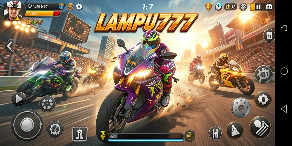 Screenshot gameplay LAMPU777 menampilkan balapan motor yang mendebarkan.