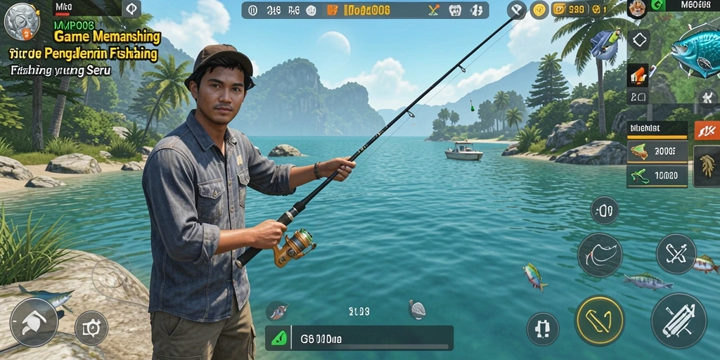 Gameplay MPO08 yang menampilkan momen memancing seru.