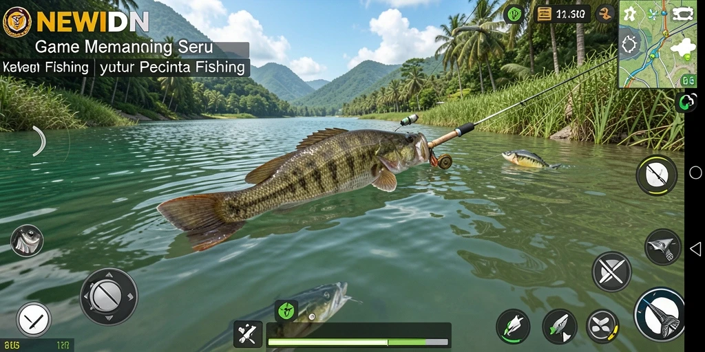 Screenshot utama NEWIDN menampilkan aksi memancing yang realistis.