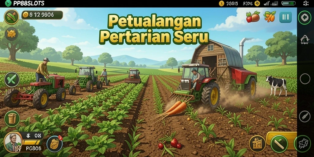 Screenshot gameplay PP88SLOTS menunjukkan suasana ladang yang asri dan penuh warna.